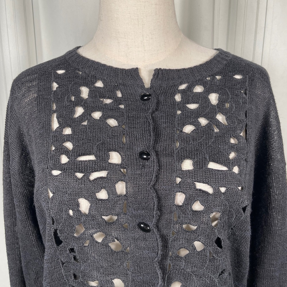 Petalo Made in Italy Linen Cotton Cutwork Lace Cardigan Black Open Knit‎